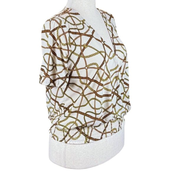 MICHAEL BY MICHAEL KORS BROWN AND WHITE BUBBLE HEM TOP, SIZE M - Picture 4 of 5